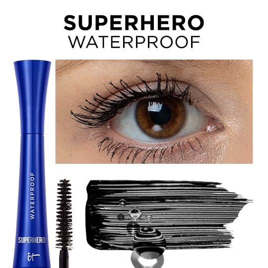The text, "Superhero. Waterproof," over images of a tube of IT Cosmetics Hello Lashes+, a mascara brush, a close-up of an eye with mascara, a swipe of black mascara, and a droplet of water.